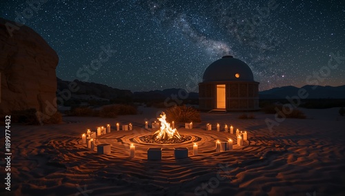 Stars Shine Above a Wooden Structure in the Desert With Candles Around the Gr...