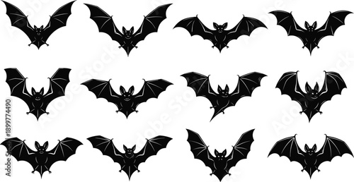 Bat silhouette collection with flying bats in different poses, spooky Halloween animal icons and nocturnal wildlife symbols isolated on white background