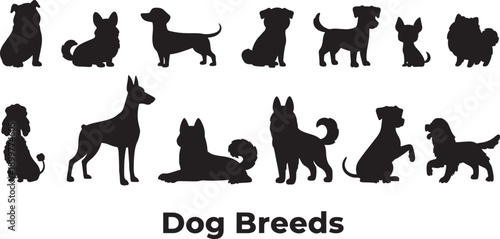 black silhouettes of various dog breeds on white background