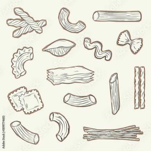 Set of hand drawn italian pasta stickers with craft paper cutout effect