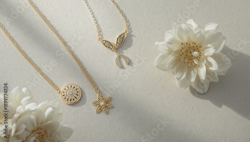 Jewelry Display on Light Surface With White Flowers in Soft Natural Light