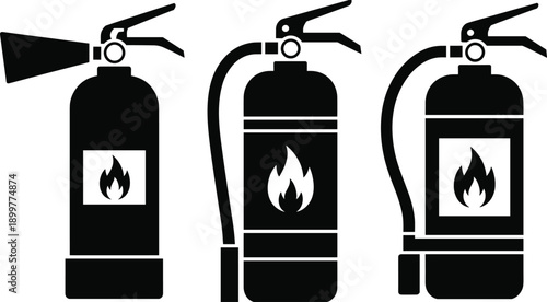 Fire extinguisher silhouette illustration collection, safety equipment design, flame suppression tool, emergency protection device, black vector artwork, firefighting symbol