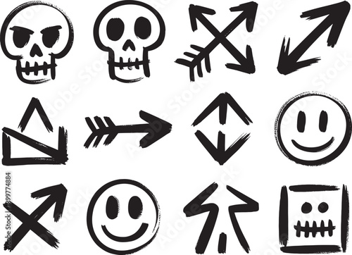 Urban Graffiti and Street Art Icon Vector Set with Skulls Smiles and Arrows for Edgy Fashion and Youth Brand Design
