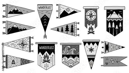 Collection of black and white pennant banners with various wilderness and outdoor designs displayed together