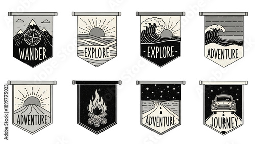 Vintage Adventure Banners Featuring Wilderness Landscapes and Exploration Themes in Monochrome Illustrations