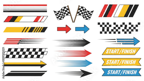 Racing flags and arrows graphic elements for start finish line decoration
