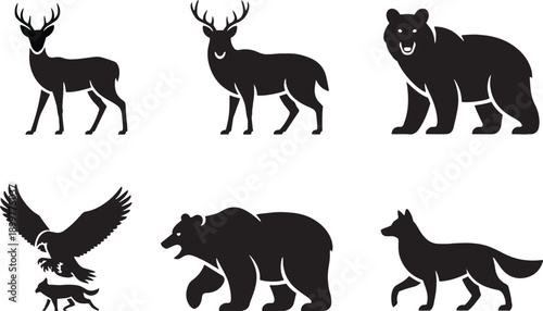 Wild Forest Animal Silhouette Vector Set featuring Bear Deer Wolf and Eagle for Nature Branding and Outdoor Adventure Graphic Designs.