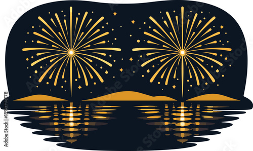 Golden Fireworks Reflection – Flat Vector Illustration