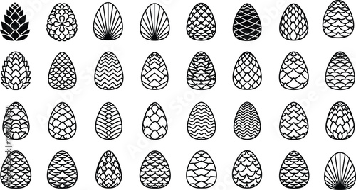 Decorative Easter egg ornament collection with floral and geometric patterns, hand drawn egg silhouettes for spring holiday design and crafts isolated on white background