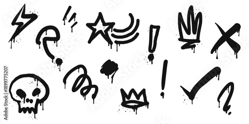 Collection of Spray painted graffiti skull head, Crown, Arrow, star, thunderstorm and cross symbol. isolated on white background. vector illustration