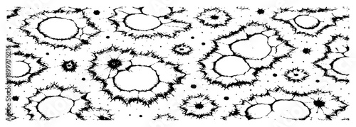 Multiple concentric ink crater impacts with hand drawn etching texture details