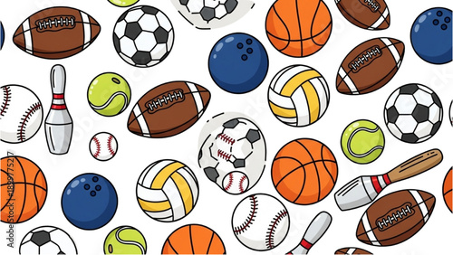 Assorted sports equipment and balls scattered around in a lively and vibrant illustration