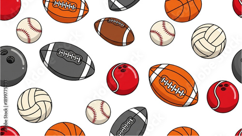 Collection of various sports balls and equipment scattered on a surface, viewed from above in a casual layout