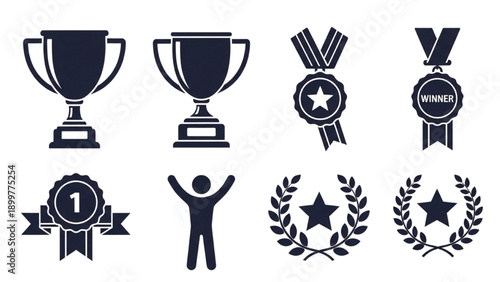 A collection of monochrome icons representing awards and achievements displayed against a plain background from a straightforward viewpoint