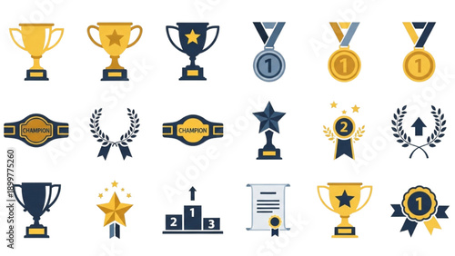 Collection of golden trophies and medals displayed in a grid arrangement with certificates and achievement icons