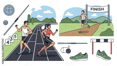 Athletes competing on a track with a finish line ahead, surrounded by athletic gear and medals