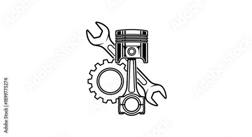 Car Engine Piston Wrench and Gear Mechanical Illustration.