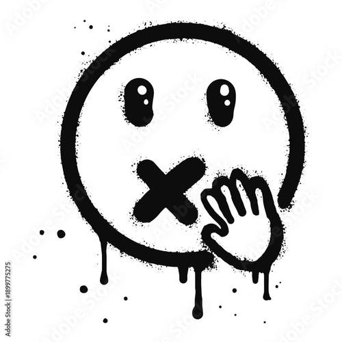 Keep silence face emoji character. Spray painted graffiti mute face in black over white. isolated on white background. vector illustration