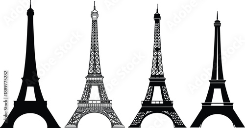Eiffel Tower silhouette variations set showcasing iconic Paris landmark, French architecture monument illustrations, travel and tourism design elements isolated on white background