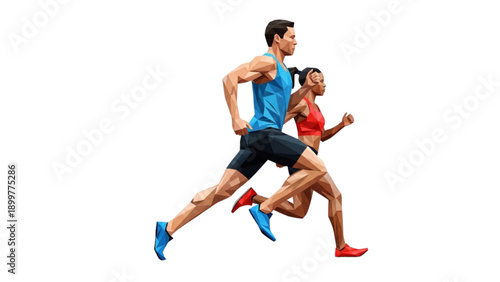 Two athletes sprinting together in a dynamic running motion, showcasing their energetic and competitive spirit on a clean white backdrop.