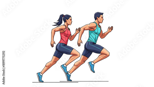 Man and woman running together in a dynamic illustration showcasing athleticism and partnership