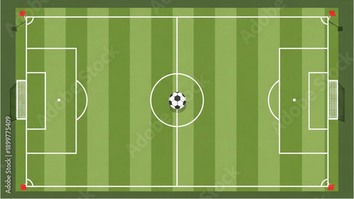 Aerial view of a soccer field with a ball in the center, green grass, and white markings.
