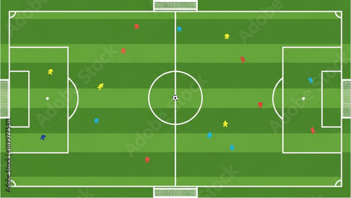 Aerial view of a soccer field with players in different colored jerseys during a match
