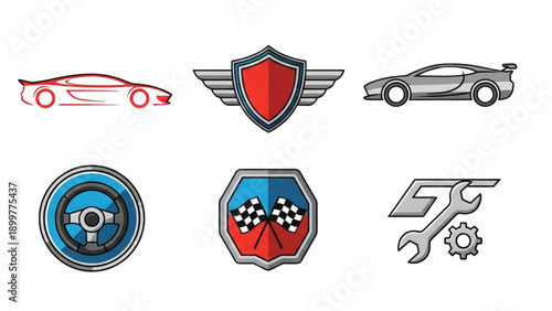 Racing Car Icons and Symbols Featuring Wings and Shield Emblems
