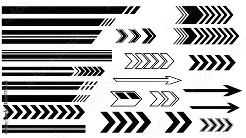 Collection of various black arrow shapes and lines on white background viewed from directly above