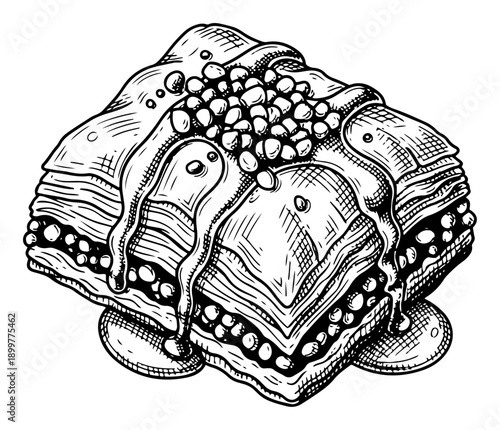 Close up detailed illustration of traditional layered baklava pastry with dripping syrup in vintage ink style