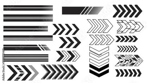 Assorted black and white arrows and stripes in various directions and gradients, abstract design elements, graphic illustrations, vector graphics on a plain surface from a straightforward viewpoint