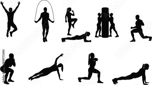 Fitness workout silhouette set featuring strength training, cardio exercises, boxing and bodyweight movements, active lifestyle and gym training icons isolated on white background