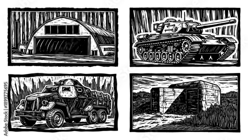 Set of military vehicles and structures including tank truck hangar and bunker in woodcut style