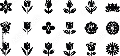 Floral Icon Set Vector Illustration Featuring Roses, Tulips, Lotus, and Decorative Flowers in Minimal Black Silhouette Style for Design and Branding