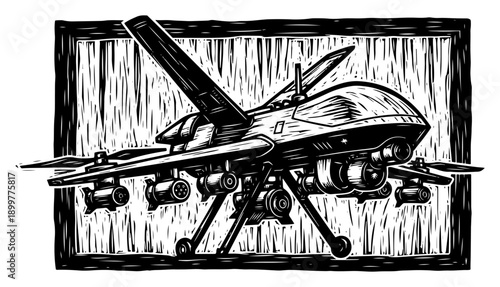 Military combat drone with missiles in vintage linocut woodcut style