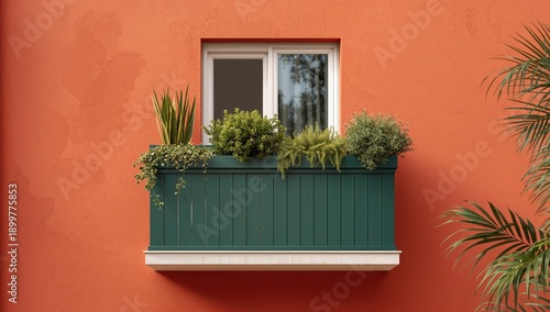 Bright Orange Wall and Green Window Box With Plants During a Sunny Day