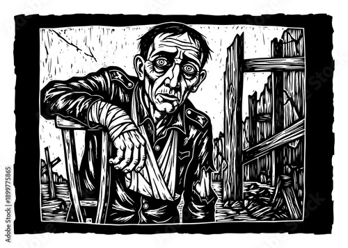 Wounded soldier with bandaged arm in dramatic woodcut style illustration of war consequences