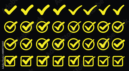 Checklist vector icon set, checkmarks, cross symbols, and clipboard designs vector style. Perfect for task management, to do lists, forms, and productivity related projects 