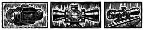 Collection of tactical rifle scopes and optical sights in woodcut engraving style