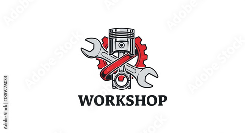 Automotive Workshop Tools and Engine Parts Illustration.