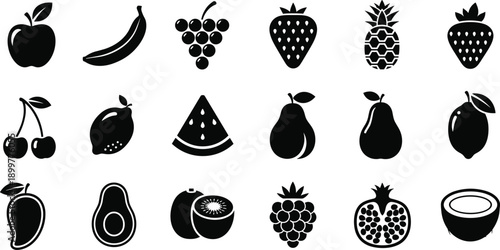 Fruit silhouette icon set with apple, banana, berries and tropical fruits, healthy food symbols and organic nutrition elements isolated on white background