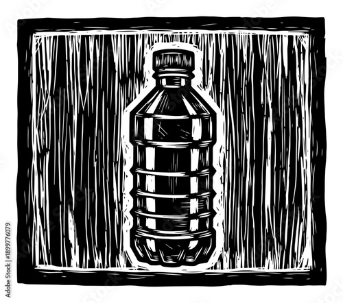 Plastic water bottle container in vintage linocut woodcut ink style