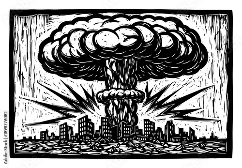 Massive nuclear mushroom cloud explosion over city skyline in vintage woodcut style