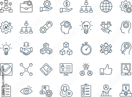 Set of business management and strategy line icons including teamwork, finance, idea and process symbols, vector illustration isolated on white.