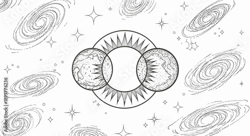 Line art illustration of celestial sun, moon, and earth in cosmic alignment with swirling galaxies and twinkling stars.
