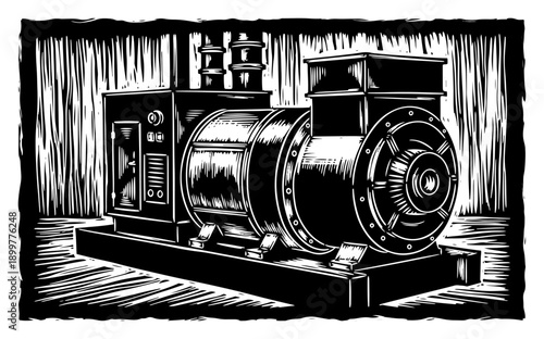 Industrial electric power generator or engine in linocut style