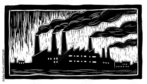 Silhouette of industrial factory with smoking chimneys in linocut style