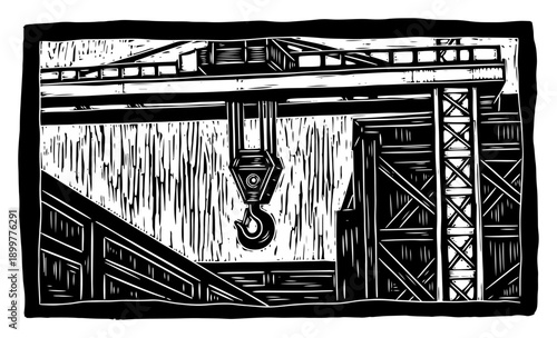 Large industrial crane hook in a shipyard setting hand drawn woodcut illustration