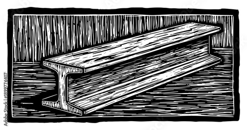 Industrial steel I beam girder hand drawn in vintage woodcut linocut style