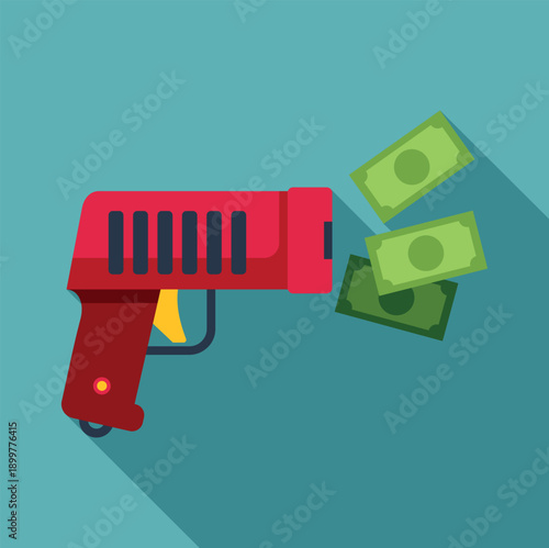 Red money dispenser gun shooting out green currency bills with a long shadow